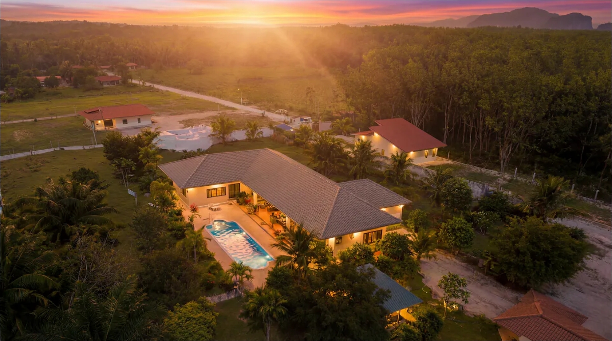 Aerial sunset view of the AYEDA 5-bedroom pool villa in Ao Nang, Krabi